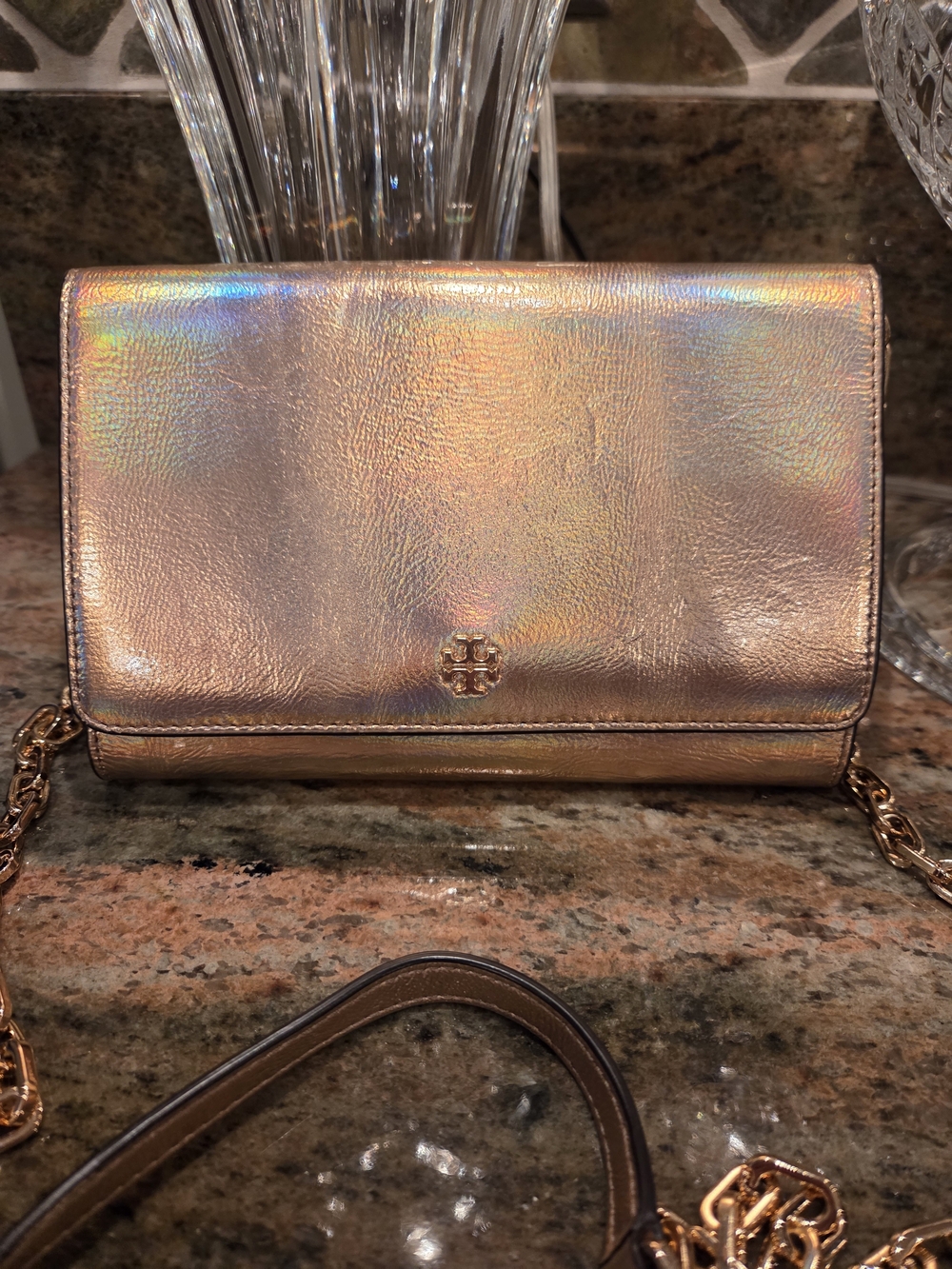 Tory Burch Iridescent Rose Gold Chain Crossbody Bag